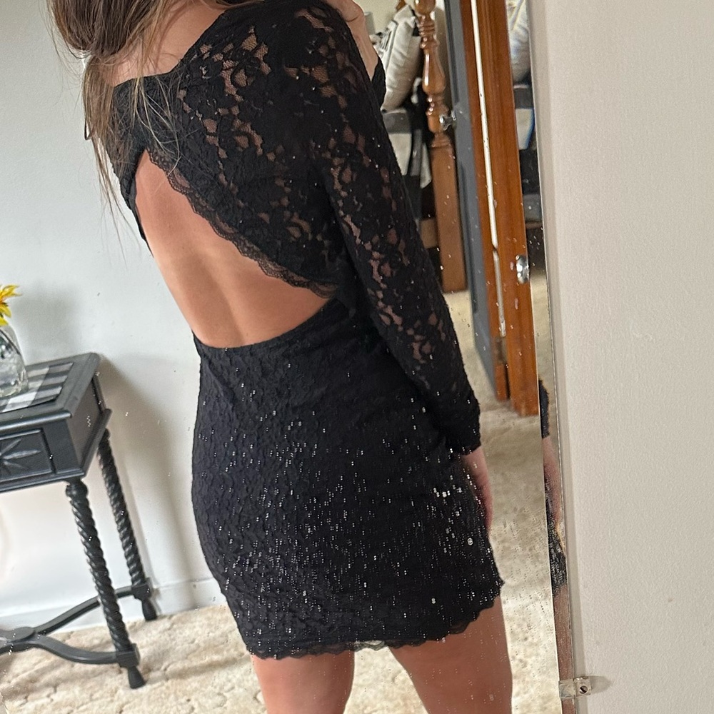 Express size small black laced cut out back long sleeve dress - worn twice!